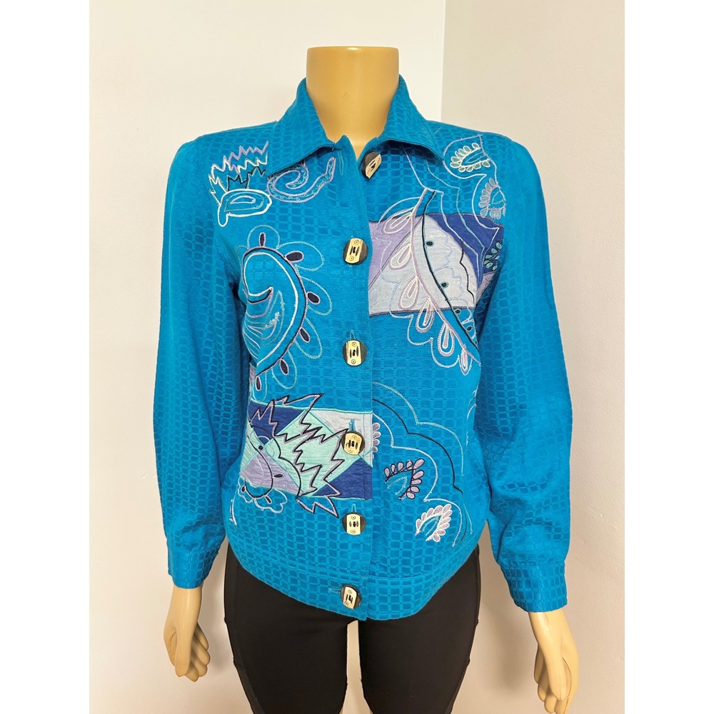 Alex Kim Womens Turquoise Blue Embroidered Abstract Patchwork Button Up Shirt S